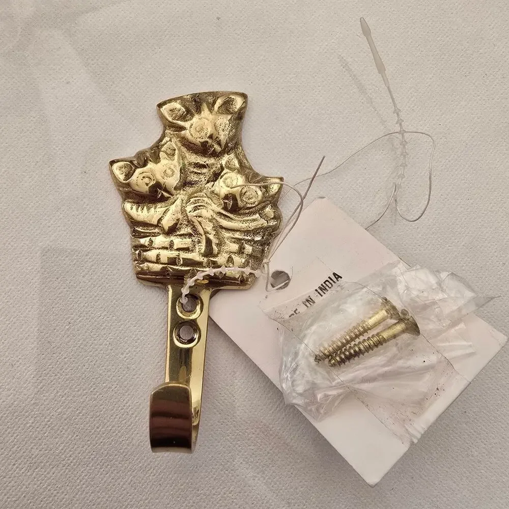 Brass Key or Stocking Hook Three (3) Kitties Kittens Kitty In a Basket ~4 Inches